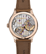 Back FBN229.01 micro-rotor movement caliber view through the sapphire window of the LAURENT FERRIER 'Evergreen' high horology watch in rose gold.
