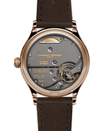 Back side of luxury Laurent Ferrier's Classic Origin Beige watch model featuring LF116.01 ruthenium finished movement visible through sapphire caseback.