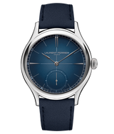 'Soldat' front view of Laurent Ferrier fine watchmaker's Classic Origin Blue watch reference LCF036.T.CG with navy blue soft bracelet.