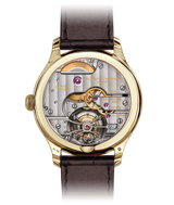 Case back of the Classic Tourbillon white enamel grand feu dial. View over the LF619.01 tourbillon double balance spring calibre.