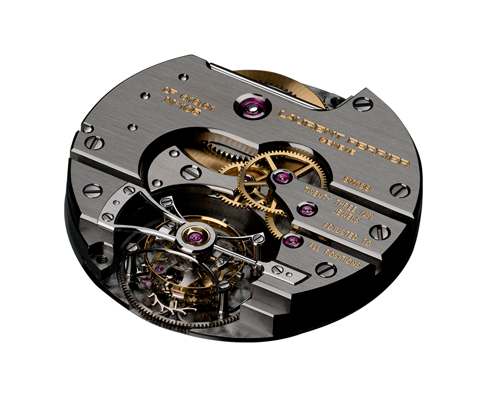 Detailed capture of the Grand Sport Tourbillon movement from the side LF 619.01 highly hand finished and assembled in Geneva Switzerland.