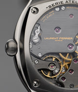 Close-up view of the "Série Atelier V – Sport Auto 40" by Swiss fine watchmaker Laurent Ferrier Geneva, shows LF270.01 hand finished automatic movement in tri finish titanium case with its integrated bracelet.