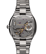 Sapphire glass case-back view of the "Sport Auto '40'" Série Atelier V online limited edition with engraving "Série Atelier V" on titanium case with titanium integrated bracelet. Highly hand finished LF270.01 movement.