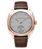 Packshot picture of the Square Micro-Rotor Silver watch with a red gold case and no background