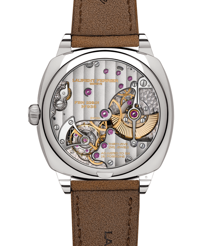 Back transparent sapphire case-back view of the LAURENT FERRIER fine watch 'Evergreen' with Micro-Rotor caliber FBN229.01 highly hand finished in Geneva Switzerland