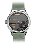 Classic Origin "Hope" sapphire case back-side highly hand finished movement view by Laurent Ferrier watches Geneva, Switzerland