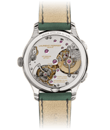 Back with view of LF230.02 dual-time Traveller movement through sapphire glass caseback. The movement of the Série Atelier III has an exclusive brushed rhodium finish.