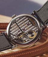 back movement side of laurent ferrier ecole micro rotor lying on a wooden deck surrounded by marine brown rope on blue sky like background