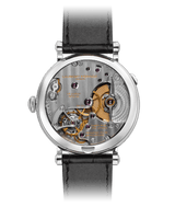 back sapphire movement view of 229.01 ecole micro rotor in stainless steel case and brown alligator bracelet