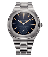 sporty fine tourbillon watch from laurent ferrier swiss independent watchmaker, model in stainless steel with included steel brushed bracelet with navy opaline gradient, white gold indexes and hands with orange super luminova luminescent accents