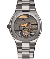 Back sapphire case-back view of highly hand finished in Geneva Switzerland movement LF619.01 for the LAURENT FERRIER Grand Sport Tourbillon 'Pursuit' watch with integrated Titanium bracelet.