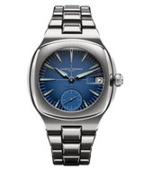 front soldat view of laurent ferrier swiss fine watchmaking's sport auto titanium grade 5, blue gradient dial and mint green superluminova white gold hands and indexes. photographer cyril biselx