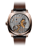 back-case movement view of laurent ferrier square regulator with red-gold case and movement 228.01 finished in-house in geneva, switzerland