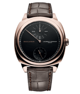 front of laurent ferrier black-dial square regulateur with red-gold case and dark chocolate brown alligator bracelet