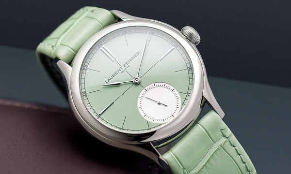 Front side of Laurent Ferrier unique 1-piece "Classic Origin 'Hope'" green/aquamarine/pistachio/sage-colored with white snailed small second and matching green alligator bracelet watch for Only Watch 2021 charity auction