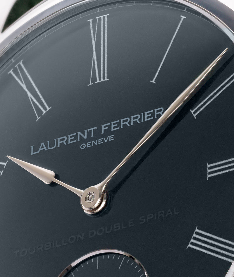 Laurent Ferrier Classic Tourbillon Double balance spring focus on the teal grand feu enamel dial and the assegai white gold hands
