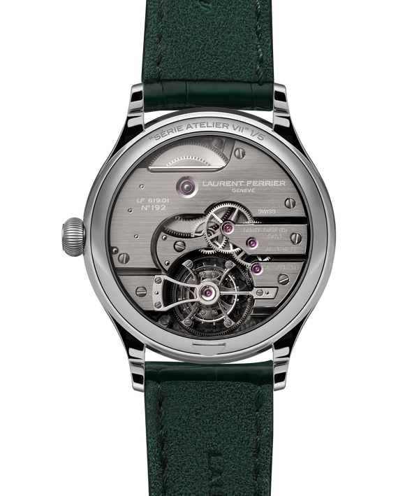 Case back packshot picture of the Classic Tourbillon Teal with a view over the tourbillon LF619.01 calibre.