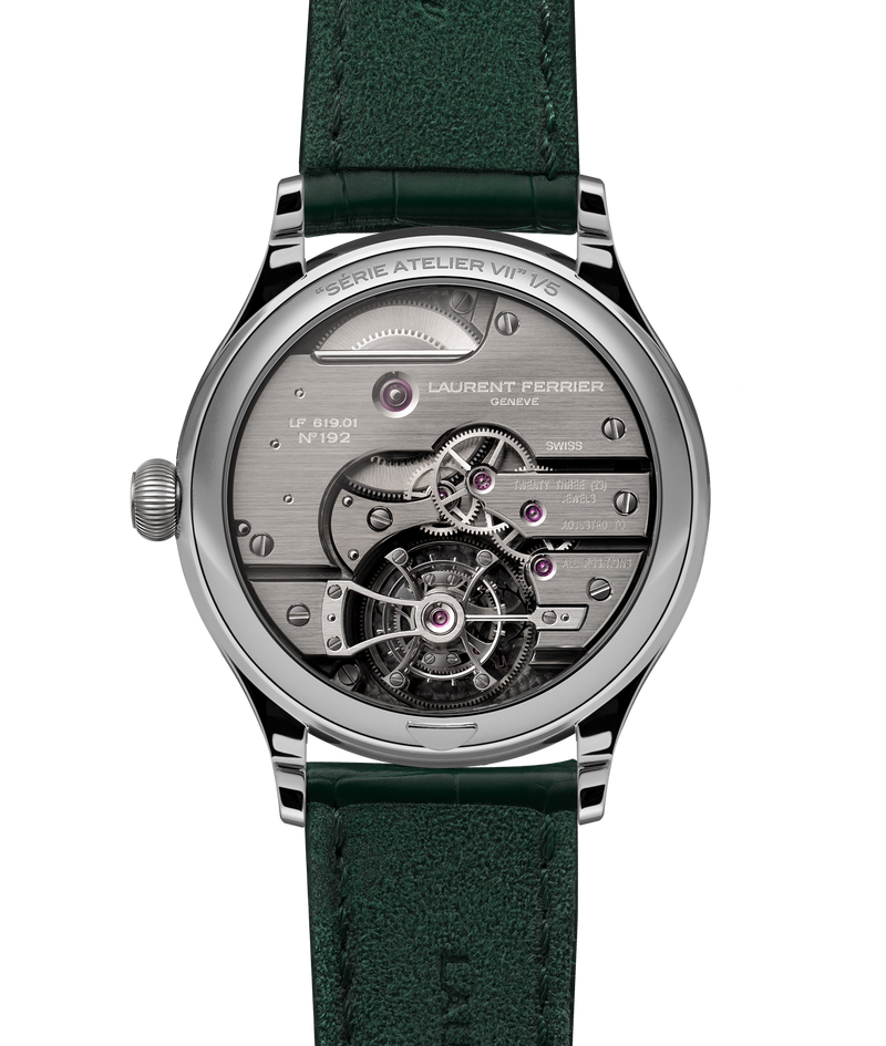 Case back packshot picture of the Classic Tourbillon Teal with a view over the tourbillon LF619.01 calibre.