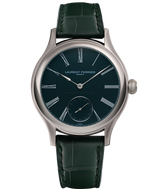 Front packshot picture of the new Laurent Ferrier Classic Tourbillon Teal Série Atelier VII watch with a green teal coloured grand feu enamel dial