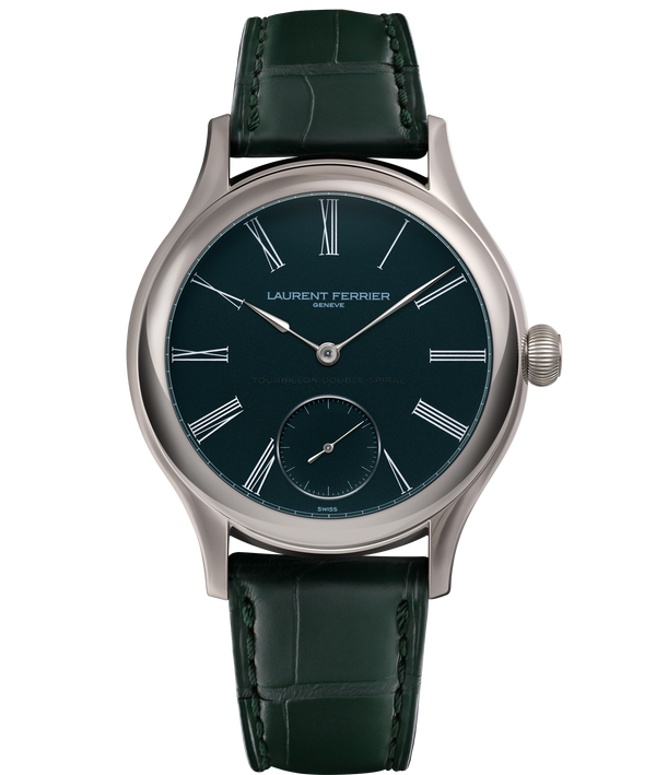 Front packshot picture of the new Laurent Ferrier Classic Tourbillon Teal Série Atelier VII watch with a green teal coloured grand feu enamel dial