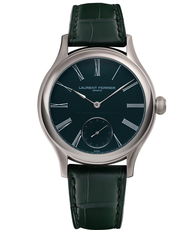 Front packshot picture of the new Laurent Ferrier Classic Tourbillon Teal Série Atelier VII watch with a green teal coloured grand feu enamel dial