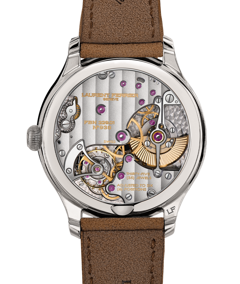 Packshot of the Classic Micro-Rotor Evergreen dial from the back with a view over the FBN229.01 calibre with a natural escapement.