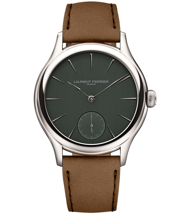 Packshot of the Classic Micro-Rotor watch with an evergreen dial and a white gold Classic peblle-shaped case