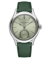Front 'soldat' of Laurent Ferrier fine watchmaker's "Série Atelier 4" Classic Micro-Rotor with Magnetic Green reflective dial and forest green bracelet