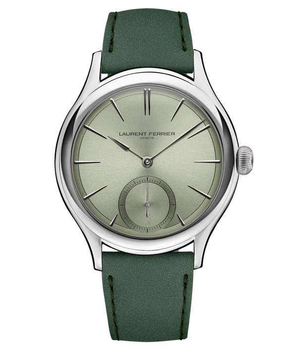 Front 'soldat' of Laurent Ferrier fine watchmaker's "Série Atelier 4" Classic Micro-Rotor with Magnetic Green reflective dial and forest green bracelet