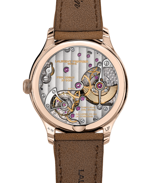Back FBN229.01 micro-rotor movement caliber view through the sapphire window of the LAURENT FERRIER 'Evergreen' high horology watch in rose gold.