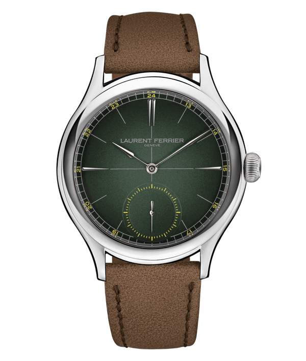 serie atelier limited origin green gradient dial and yellow numerals in a new exclusive titanium grade 5 case with a tan matte Timberland calf leather bracelet online exclusive piece by laurent ferrier
