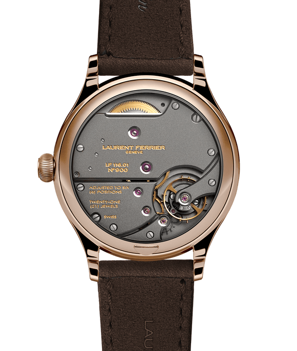 Back side of luxury Laurent Ferrier's Classic Origin Beige watch model featuring LF116.01 ruthenium finished movement visible through sapphire caseback.