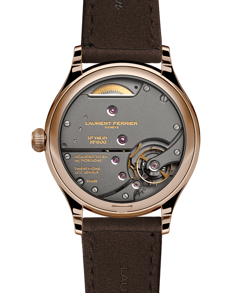 Back side of luxury Laurent Ferrier's Classic Origin Beige watch model featuring LF116.01 ruthenium finished movement visible through sapphire caseback.