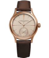 'Soldat' or Packshot front view of Laurent Ferrier fine watchmaker's Classic Origin Beige watch reference LCF036.R5.BR5 with mocha soft bracelet.