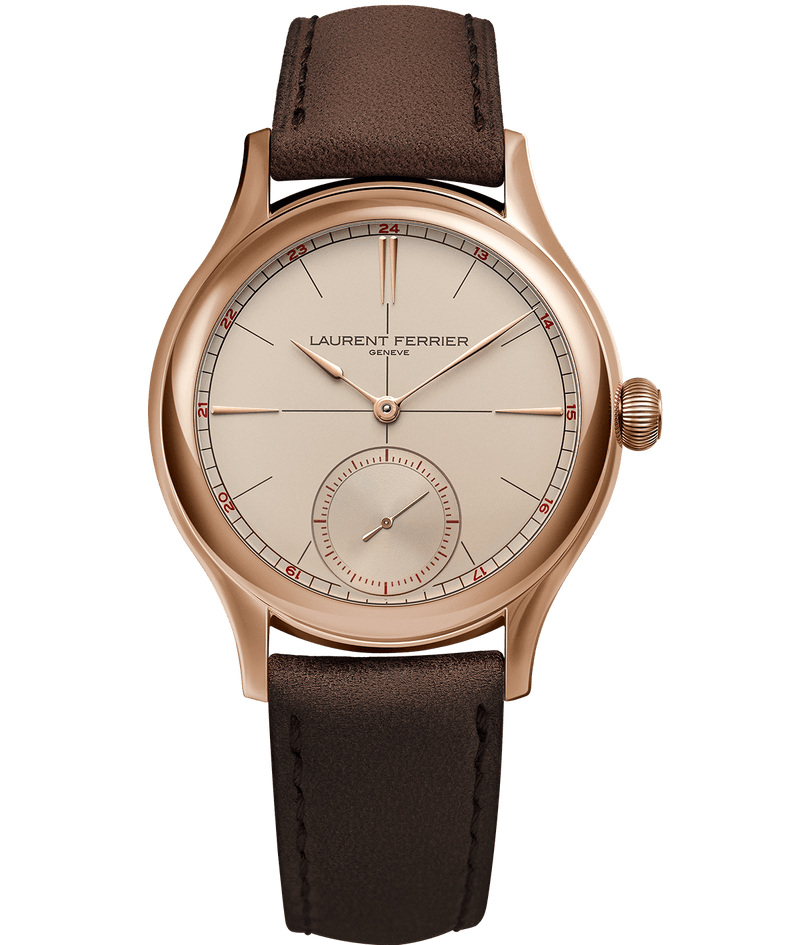 'Soldat' or Packshot front view of Laurent Ferrier fine watchmaker's Classic Origin Beige watch reference LCF036.R5.BR5 with mocha soft bracelet.