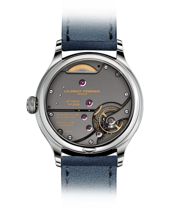 Back side of Laurent Ferrier's Classic Origin Blue model featuring LF116.01 ruthenium finished movement visible through sapphire caseback.
