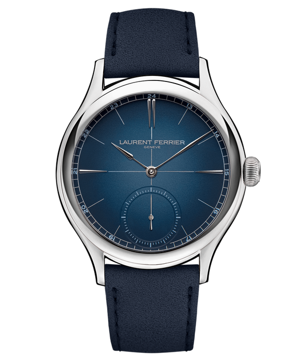 'Soldat' front view of Laurent Ferrier fine watchmaker's Classic Origin Blue watch reference LCF036.T.CG with navy blue soft bracelet.