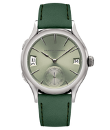 Product picture of Série Atelier III 15 piece numbered edition online exclusive from Laurent Ferrier Geneva fine timepieces. This Classic Traveller features a magnetic green lime reflective dial and a forest green bracelet. The case is built with titanium grade 5