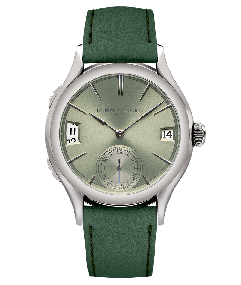 Product picture of Série Atelier III 15 piece numbered edition online exclusive from Laurent Ferrier Geneva fine timepieces. This Classic Traveller features a magnetic green lime reflective dial and a forest green bracelet. The case is built with titanium grade 5