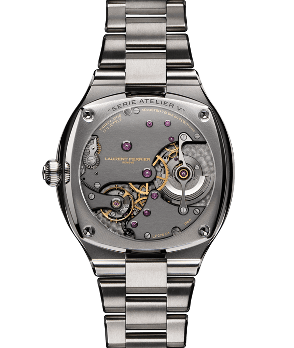 Sapphire glass case-back view of the "Sport Auto '40'" Série Atelier V online limited edition with engraving "Série Atelier V" on titanium case with titanium integrated bracelet. Highly hand finished LF270.01 movement.