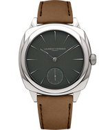 'Soldat' image of LAURENT FERRIER Geneva's stainless steel Square Micro-Rotor with 'Evergreen' deep green vertical satin finish dial and brown leather bracelet.