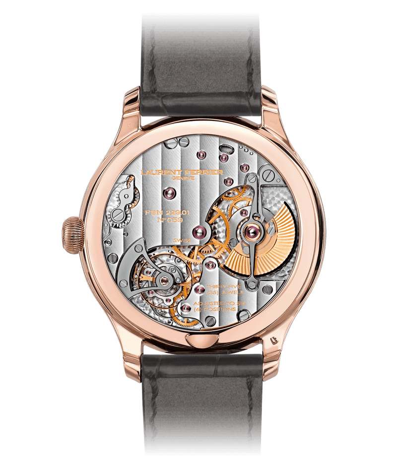 laurent ferrier classic micro rotor highly hand finished award winning swissmovement 229.01 view from back sapphire glass on red gold case finished in geneva