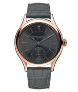 front view of laurent ferrier classic micro rotor watch with red gold accents and slate sunburst light reflective dial made in geneva, switzerland