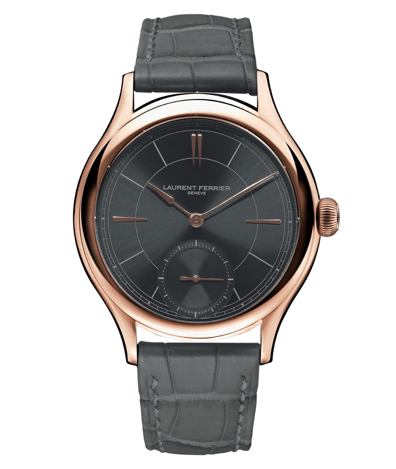 front view of laurent ferrier classic micro rotor watch with red gold accents and slate sunburst light reflective dial made in geneva, switzerland