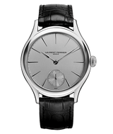 classic micro rotor watch from laurent ferrier switzerland fine independant luxury watchmaker silver satin finish dial with white gold hands and indexes and black alligator bracelet