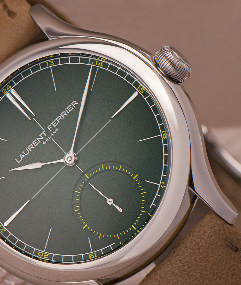 close view of laurent ferrier "serie atelier 1" classic origin green's dial in gradient opaline moss with bright yellow accents and white gold hands and indexes