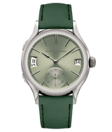 Product picture of Série Atelier III 15 piece numbered edition online exclusive from Laurent Ferrier Geneva fine timepieces. This Classic Traveller features a magnetic green lime reflective dial and a forest green bracelet. The case is built with titanium grade 5