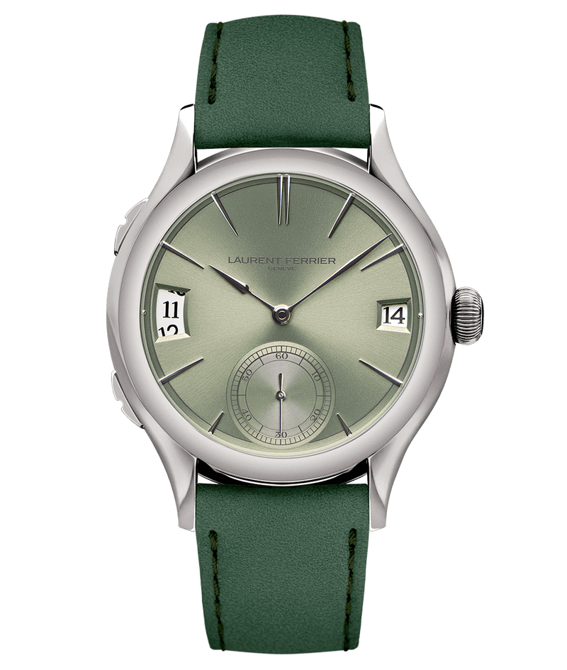 Product picture of Série Atelier III 15 piece numbered edition online exclusive from Laurent Ferrier Geneva fine timepieces. This Classic Traveller features a magnetic green lime reflective dial and a forest green bracelet. The case is built with titanium grade 5