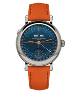Face of online limited edition of 10 "École Annual Calendar" sporty nautical fine swiss classic watch by Laurent Ferrier, Geneva. Featuring a dual tone navy dial and orange hands.