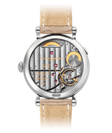 back view of laurent ferrier's ecole micro rotor vintage swiss watch in stainless steel case with tan alligator bracelet